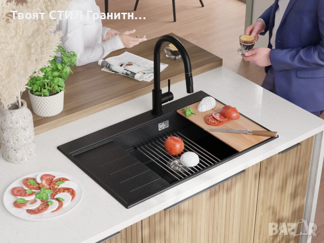 Графит гранитна кухненска мивка Сидни 780-60 Ergo Multilevel 780х500, снимка 3 - Мивки - 51918231