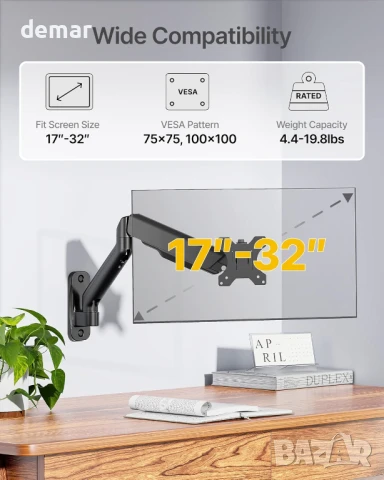 Стенна стойка за монитор monTEK за 17-32 инча плоски/извити екрани, снимка 2 - Други стоки за дома - 51317371