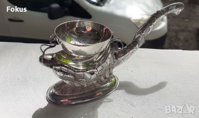 Стара антикварна сребърна цедка за чай с дракон - маркировки