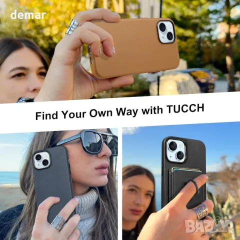 TUCCH кожен калъф за iPhone 15 Plus с отделение за карти, черен, снимка 9 - Калъфи, кейсове - 49790345