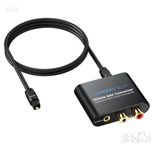 CAMWAY 192 kHz SPDIF оптичен Toslink към аналогов RCA DAC конвертор, 3.5 мм аудио адаптер с 1 м опти