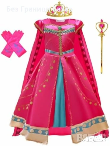 Нов Детски костюм принцеса розов комплект с тиара пръчка ръкавици 5/6 години
