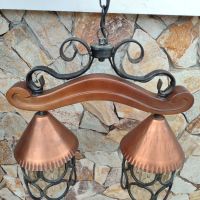 Красив старинен полилей от ковано желязо, дърво и красиви стъкленици и орнаменти , снимка 4 - Лампи за таван - 45435412