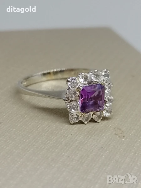 Бяло злато 18К пръстен с естествен аметист, снимка 1