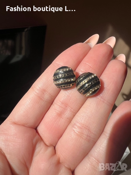 Кръгли обеци с камъчета в златен и черни цвят ❤️, снимка 1