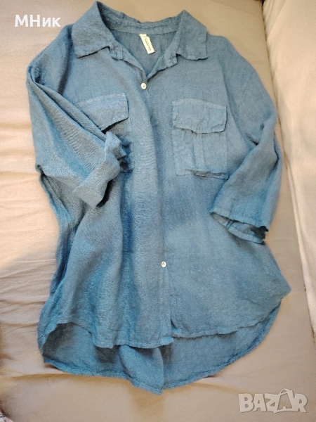Дамска риза, лен, тъмно синя, снимка 1