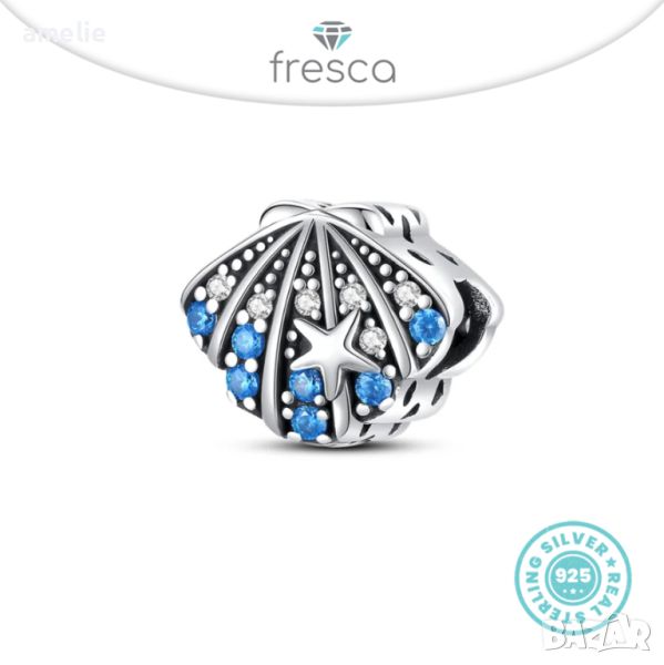 Талисман Fresca по мoдел тип Пандора сребро 925 Pandora Blue Stones Seashell. Колекция Amélie, снимка 1