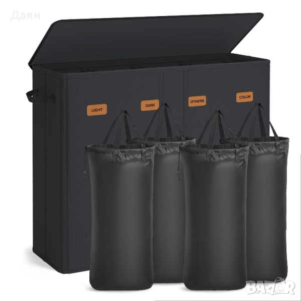 SONGMICS кош за пране с 4 отделения, 210 л, с капак, 5 етикета, преносима и перяща се вътрешна торба, снимка 1