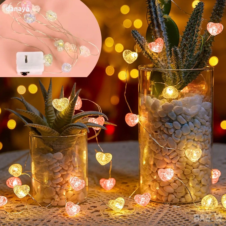 6349 Романтични светещи лампички Сърца, 1 метър, многоцветни, снимка 1