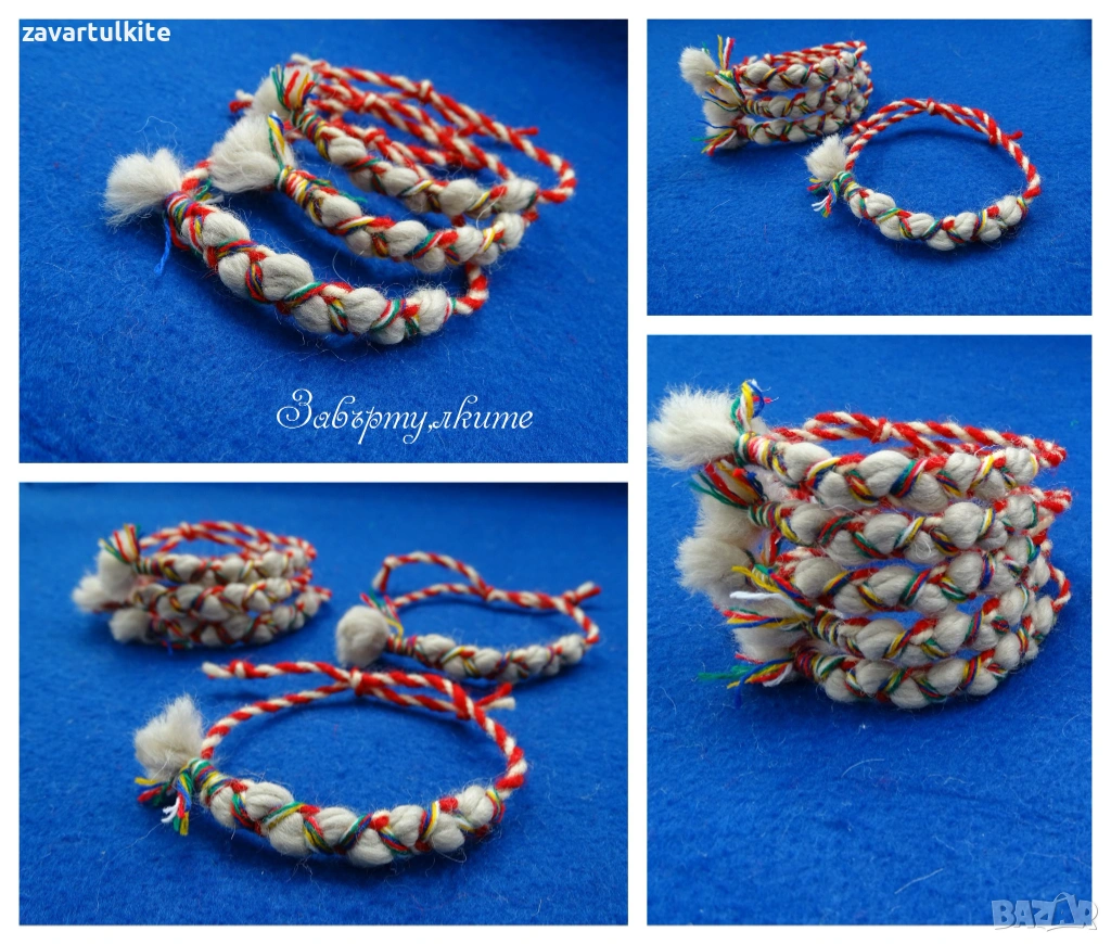 Арт мартеници със сивкава или червена прежда и шарени вълнени конци, снимка 1