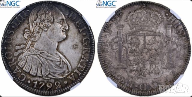 Сребърна монета 8 реала 1792 NGC UNC, снимка 3 - Нумизматика и бонистика - 46351786