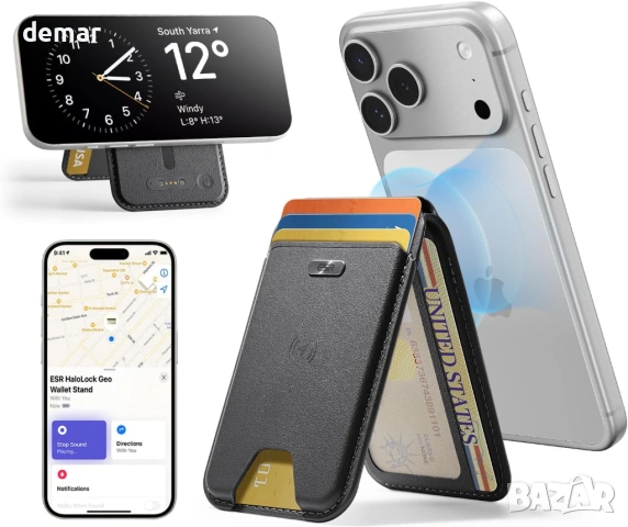 Портфейл ESR Geo MagSafe с пълна функционалност „Find My“, държач за 5 карти, RFID блокиране, черен