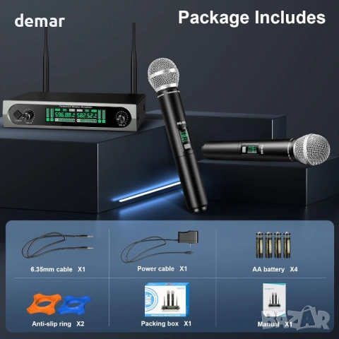 Безжична UHF микрофонна система с два динамични микрофона, до 60 м, снимка 6 - Микрофони - 53645861