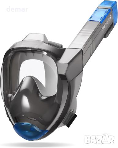 Supertrip Full Face Маска за гмуркане с шнорхел, усъвършенствана дихателна система, сиво-синьо, снимка 1 - Водни спортове - 46459702