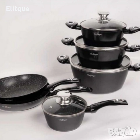 Комплект съдове за готвене Cheffinger от лят алуминий с мраморно покритие – 10 части, снимка 7 - Други - 53165297