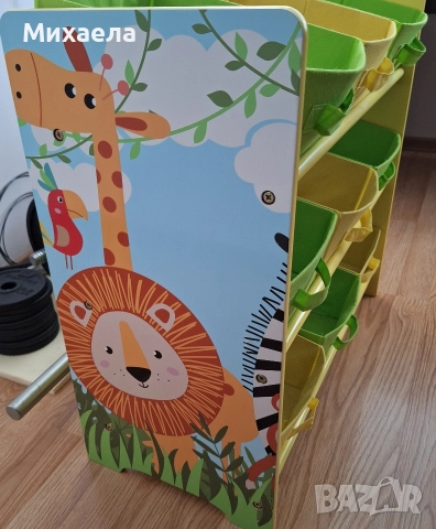 Органайзер за играчки за деца, модел Сафари, дървен, 9 текстилни кутии, жълт/зелен 65x60x30см, снимка 2 - Други - 52961961