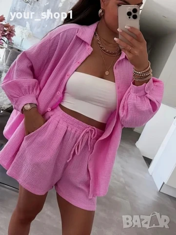 Дамски сет риза и къси панталони розово , снимка 2 - Костюми - 51411087