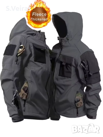 Работно Тактическо Ветроустойчиво яке с качулка, с много джобове, Цвят -Сив, снимка 5 - Якета - 52857693