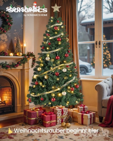 SONGMICS Изкуствена коледна елха със светлини - Висока 180 см - PVC накрайници с метална стойка - Бъ