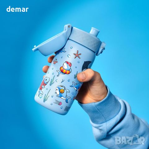 Детска бутилка за вода Ion8, стомана 400 мл, устойчива на течове, дизайн на акули, синьо, снимка 2 - Други - 45623139