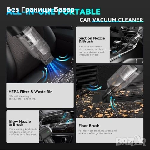 Нова Мини прахосмукачка 28000Pa за кола/дом, 9 накрайника, HEPA филтър, снимка 3 - Прахосмукачки - 53517823