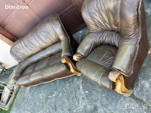 Кожен диван и  фотьойл – естествена кожа, масивни дървени детайли, снимка 3 - Дивани и мека мебел - 53958611
