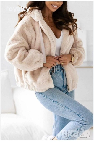 Бежово пухкаво дамско късо яке, снимка 3 - Якета - 51995800