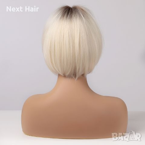 Светло руса омбре перука каре с тъмни корени и бретон, снимка 3 - Аксесоари за коса - 46804951