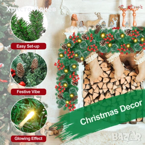 Коледен гирлянд с лампички шишарки и червени плодове окрасен 274см, снимка 3 - Декорация за дома - 54224232