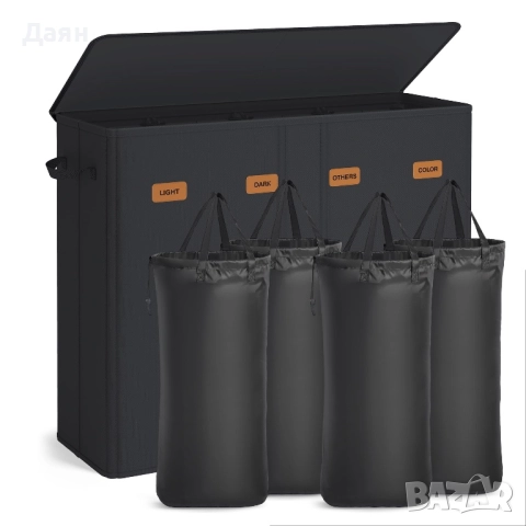 SONGMICS кош за пране с 4 отделения, 210 л, с капак, 5 етикета, преносима и перяща се вътрешна торба