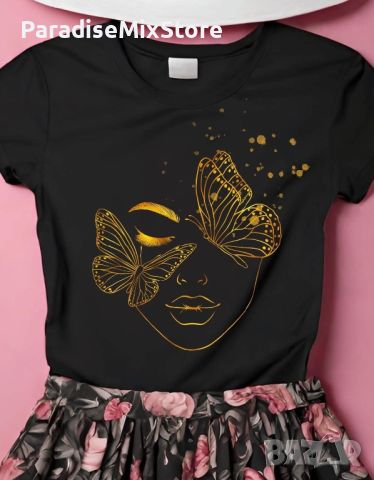 Дамска тениска лице с пеперуди златисто, снимка 1 - Тениски - 46154809