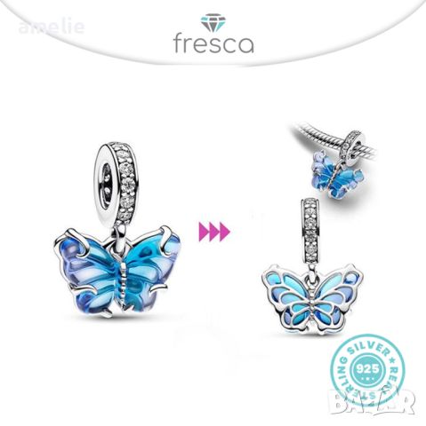 Талисман Fresca по модел тип Пандора 925 Pandora Blue Crystal Butterfly Charm. Колекция Amélie, снимка 1 - Гривни - 42250272