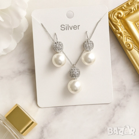 Класически комплект колие и обеци с перли, снимка 4 - Бижутерийни комплекти - 51926469