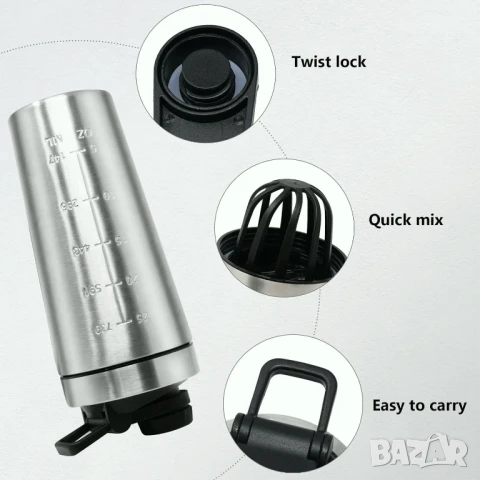 Протейнов шейкър 900 ml, Неръждаема стомана, херметическа капачка, Тихо разбъркващо сито + стоманено, снимка 4 - Фитнес уреди - 50635743