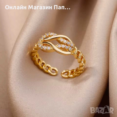 Позлатен дамски пръстен от неръждаема стомана – Верижка с циркони, регулируем размер, снимка 2 - Пръстени - 52302183