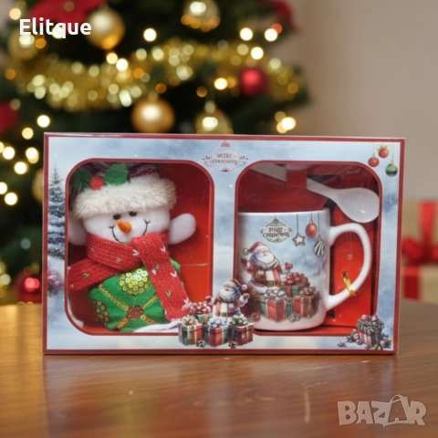 Празничен подаръчен комплект с чаша, лъжичка и снежен човек – готов за подаряване