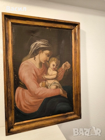 Стара религиозна картина – Богородица с Младенеца, снимка 5 - Картини - 53007429