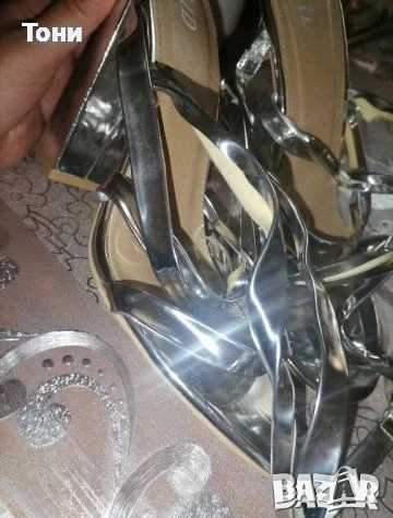 Нови Сребристи Дамски Сандали на Ток 40, снимка 3 - Сандали - 53759697