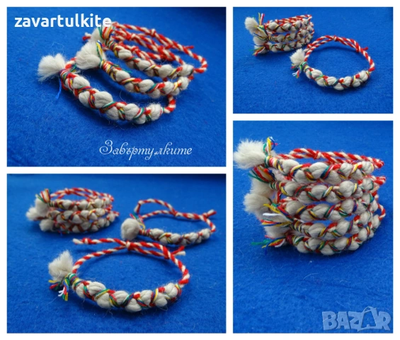 Арт мартеници със сивкава или червена прежда и шарени вълнени конци