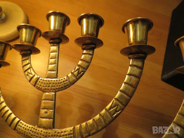 Голям старинен бронзов свещник МЕНОРА с орнаменти и камък син тюркоаз 36х 35см. - еврейски седемсвещ, снимка 5 - Антикварни и старинни предмети - 50026585