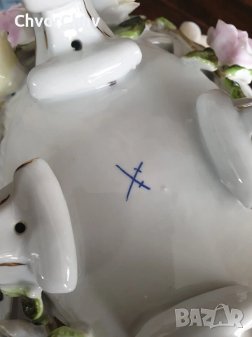 Meissen фигурална ажурна фруктиера 32см/стара Майсен порцеланова жардениера с херувими, снимка 14 - Антикварни и старинни предмети - 50629216