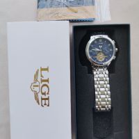 LIGE Silver Blue LG9841 Луксозен мъжки автоматичен механичен часовник с метална верижка, снимка 6 - Мъжки - 45249809