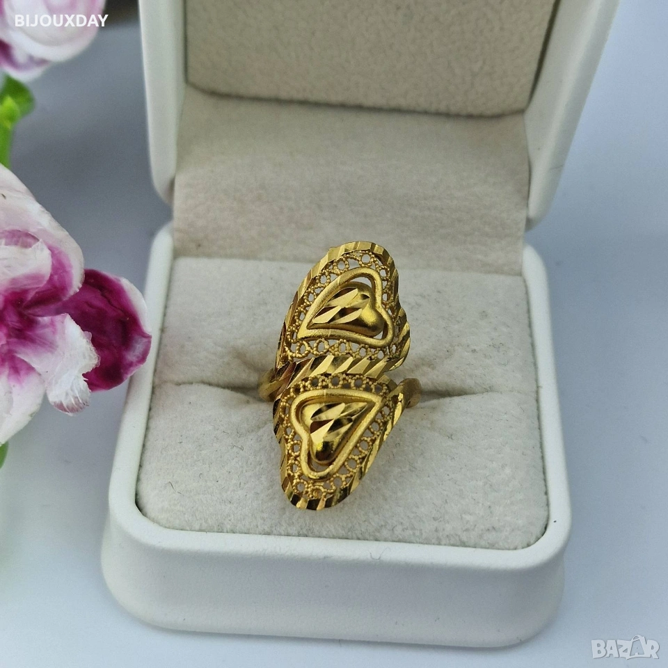 регулиращ се дамски пръстен дубайско двойно сърце от медицинска стомана с 18 карата златно покритие, снимка 1