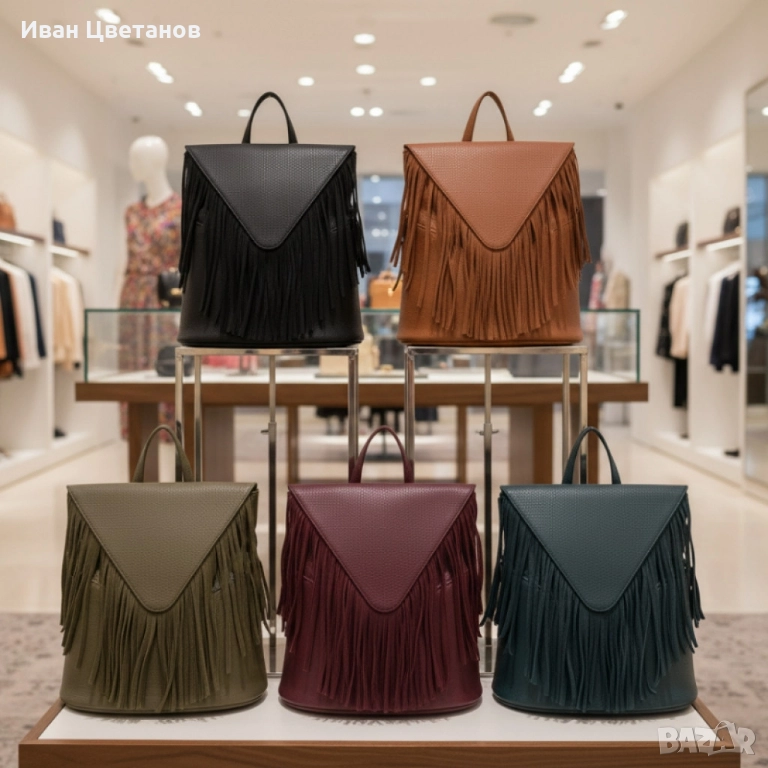 Дамска раница от еко к. с ресни – бохо стил, удобство и обем (36×30×16 см), снимка 1