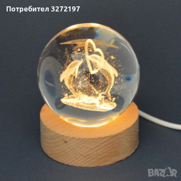 LED Светеща кристална топка/лампа, 3D сензорна - Скачащи в обръч делфини и сърце, снимка 1