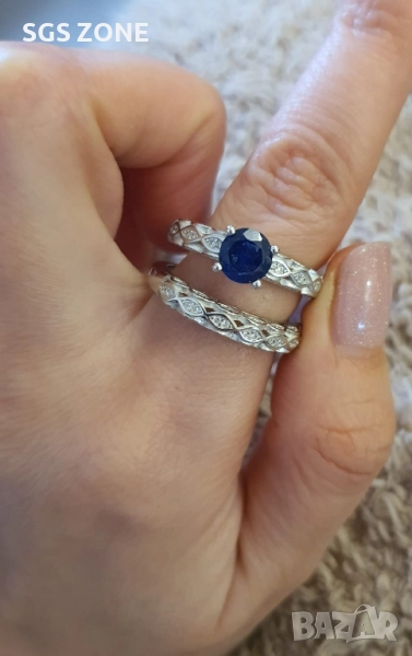 СРЕБЪРЕН ДВОЕН ПРЪСТЕН С САПФИР, снимка 1