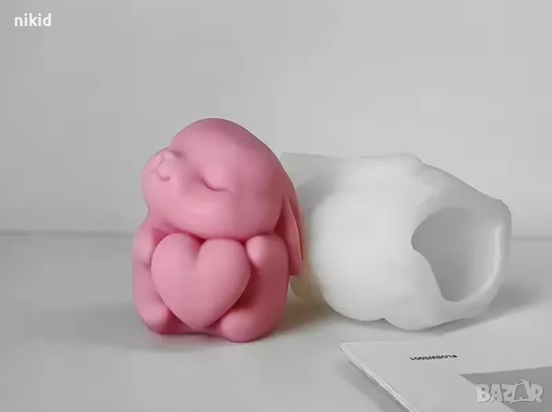 3D Заек Зайче едро със сърце вирнат нос силиконов молд форма фондан шоколад гипс смола свещ, снимка 1