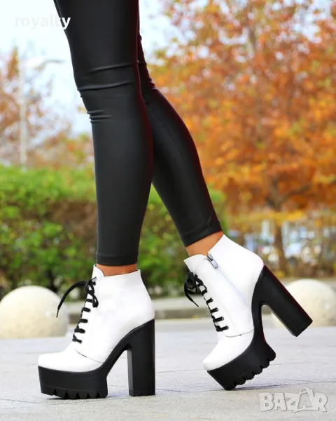 Боти на ток - бяла кожа с черно ходило, снимка 1