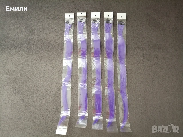 5 броя лилави кичури/екстеншъни/аксесоари за коса - синтетичен косъм, снимка 3 - Аксесоари за коса - 51105602