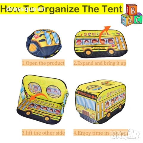 4777 Детска палатка за игра „Жълт автобус“ с велкро завеси и забавен дизайн, снимка 7 - Други - 53712155